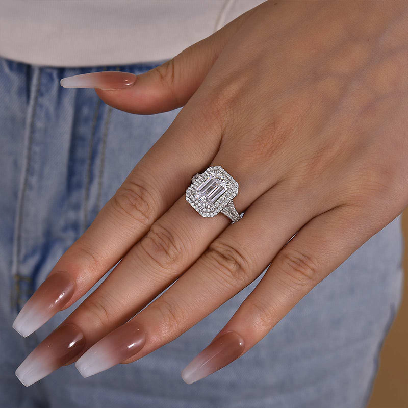 Ahabobo Luxurious Double Halo Emerald Cut Engagement Ring In Sterling Silver