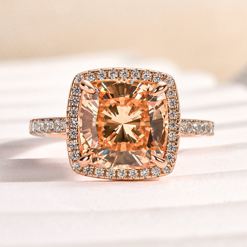Elegant Rose Gold Halo Cushion Cut Champagne Engagement Ring In Sterling Silver