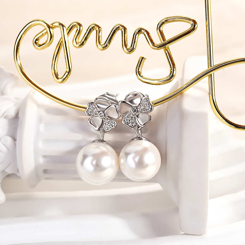 Ahabobo Elegant Pearl Earrings In Sterling Silver For Woman