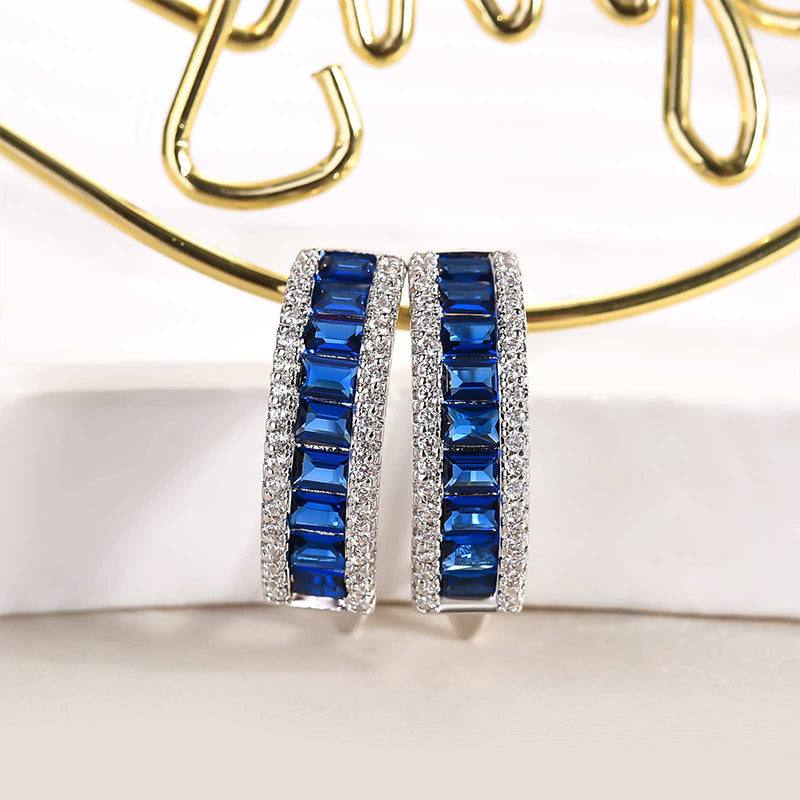 3.0Ct Unique Blue Sapphire Emerald Cut Earrings In Sterling Silver