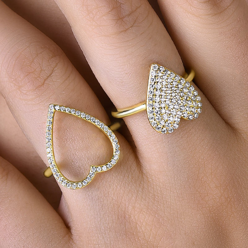 Unique Yellow Gold Heart-shaped Pave Wedding Band Set In Sterling Silver