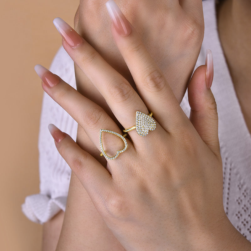 Unique Yellow Gold Heart-shaped Pave Wedding Band Set In Sterling Silver