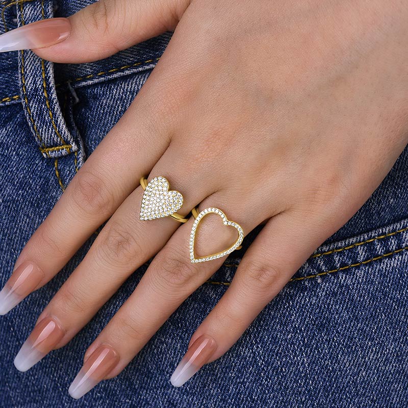 Unique Yellow Gold Heart-shaped Pave Wedding Band Set In Sterling Silver
