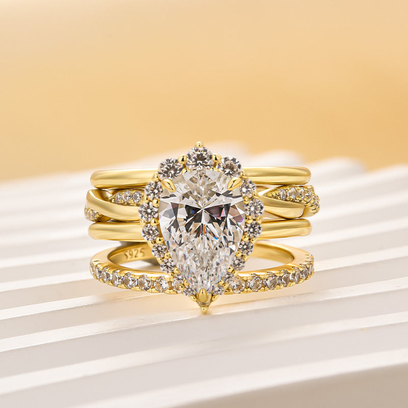 Ahabobo 4PC Luxurious Yellow Gold Halo Pear Cut Wedding Set