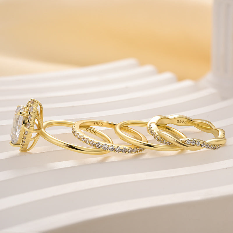 Ahabobo 4PC Luxurious Yellow Gold Halo Pear Cut Wedding Set