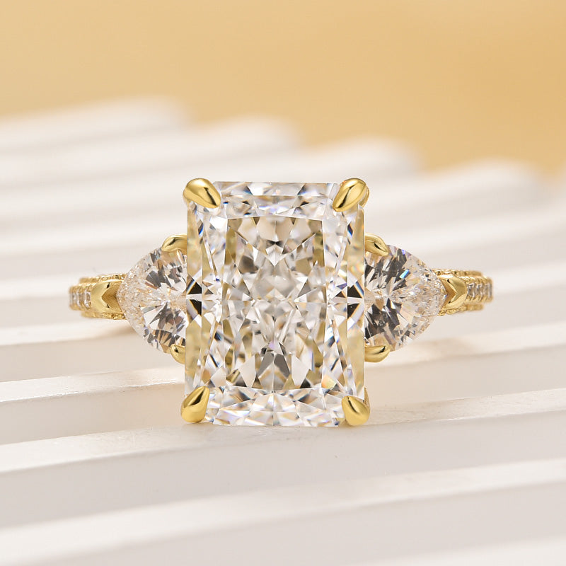 Luxurious Radiant Cut & Heart Cut Three Stone Engagement Ring In Sterling Silver