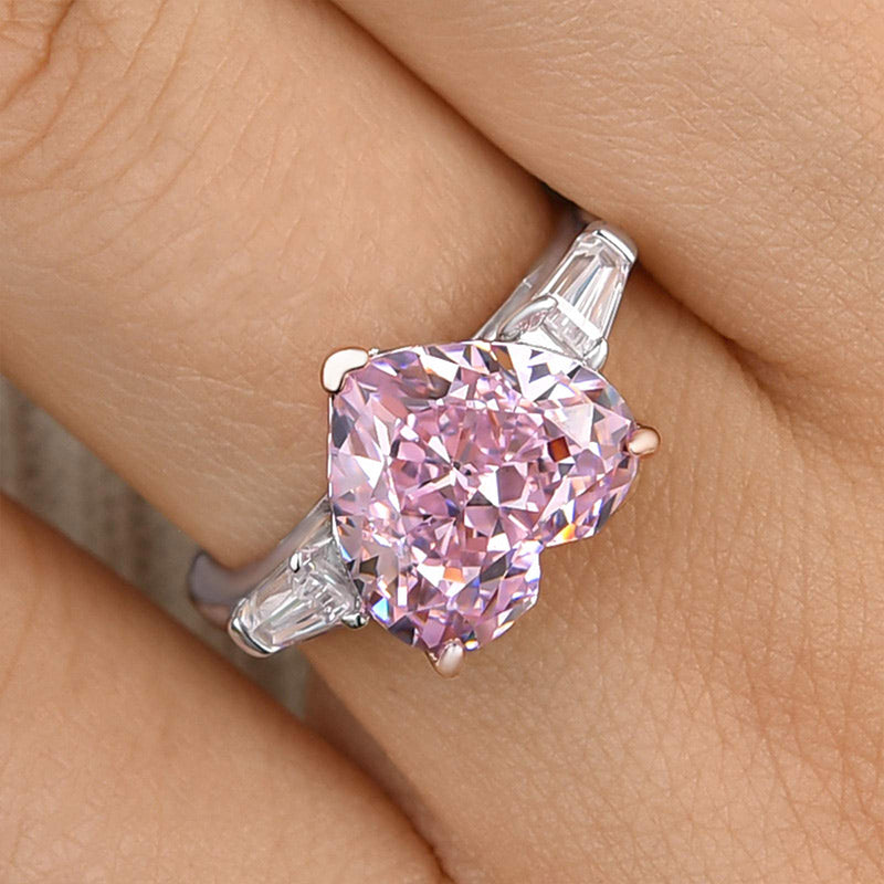 Excellent Three Stone Pink Stone Heart Cut Engagement Ring