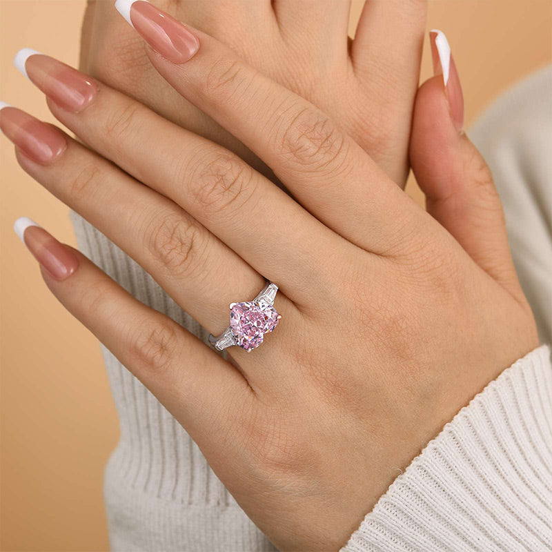 Excellent Three Stone Pink Stone Heart Cut Engagement Ring
