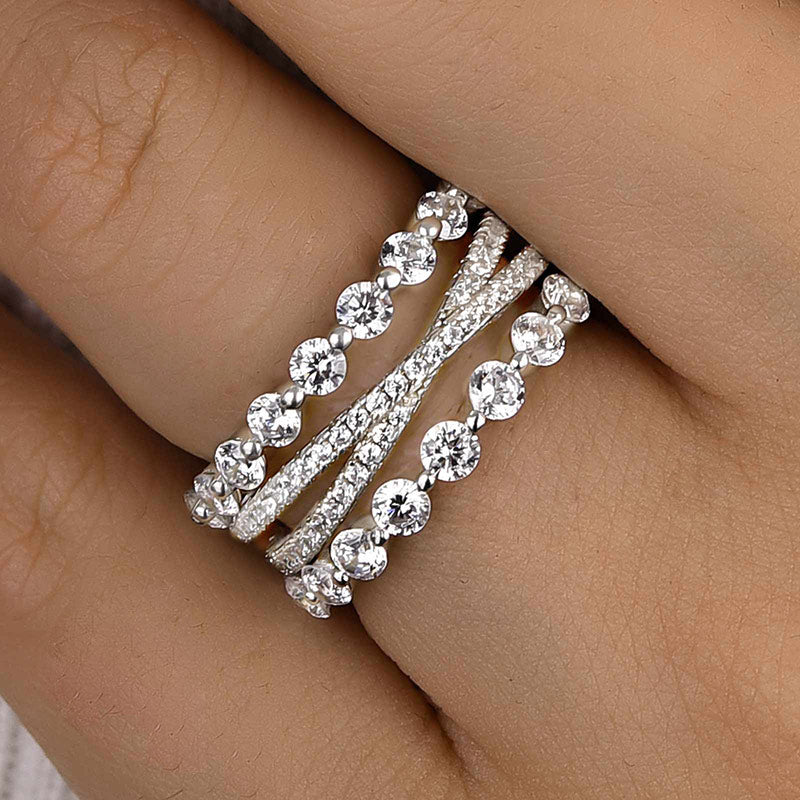Noble Women's Stackable 3PC Wedding Band Set In Sterling Silver