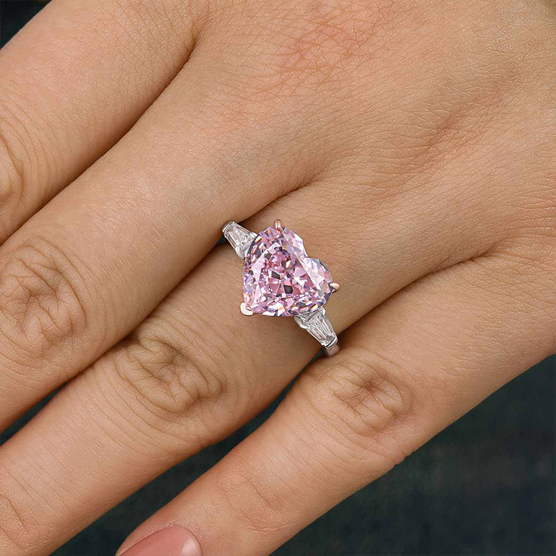 Excellent Three Stone Pink Stone Heart Cut Engagement Ring