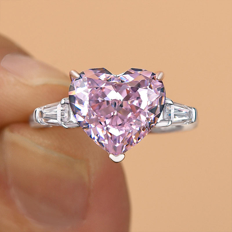 Excellent Three Stone Pink Stone Heart Cut Engagement Ring