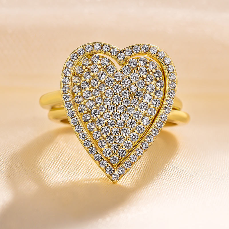 Unique Yellow Gold Heart-shaped Pave Wedding Band Set In Sterling Silver