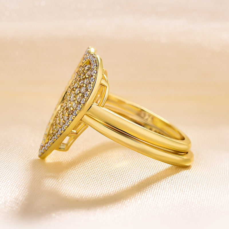Unique Yellow Gold Heart-shaped Pave Wedding Band Set In Sterling Silver