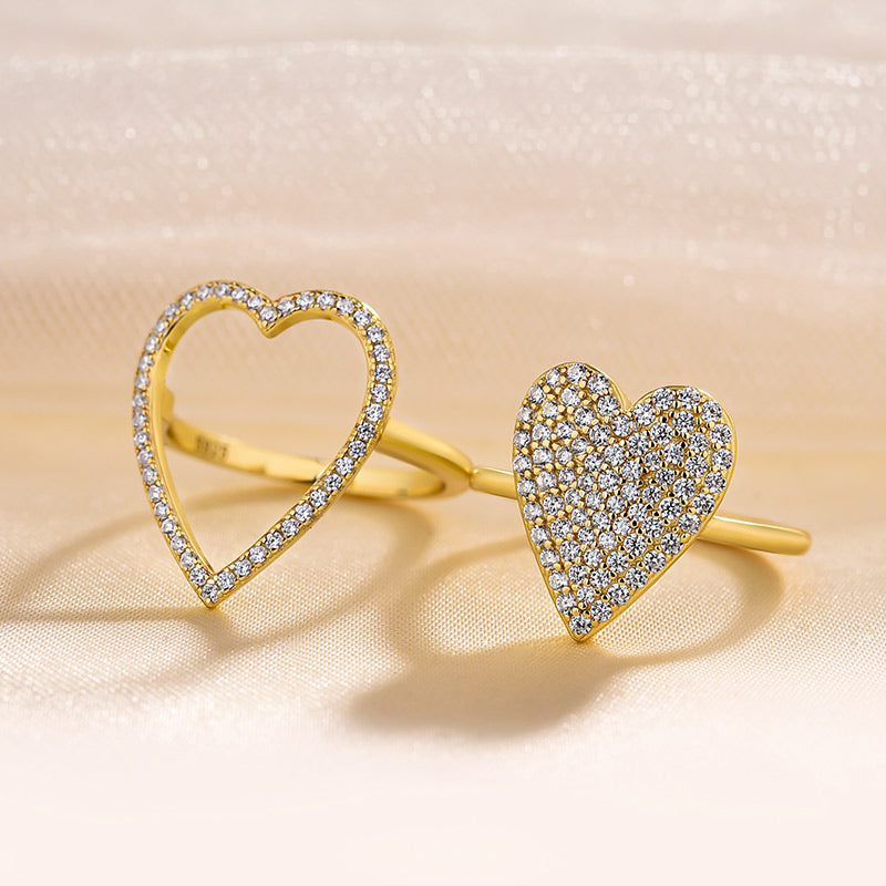 Unique Yellow Gold Heart-shaped Pave Wedding Band Set In Sterling Silver