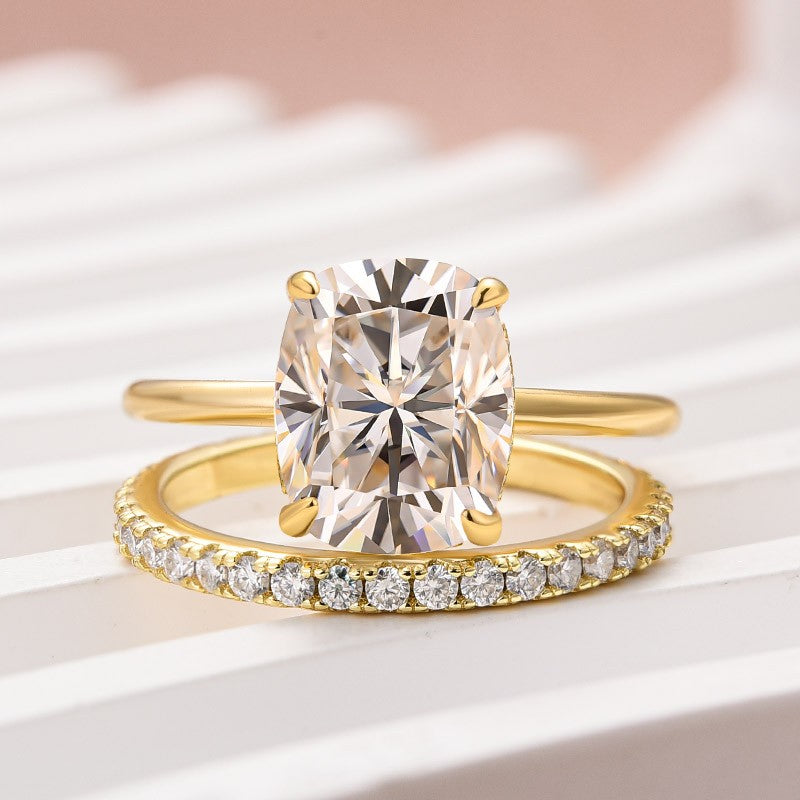Moissanite 4.0 Ct Solitaire Cushion Cut Yellow Gold Wedding Ring Set