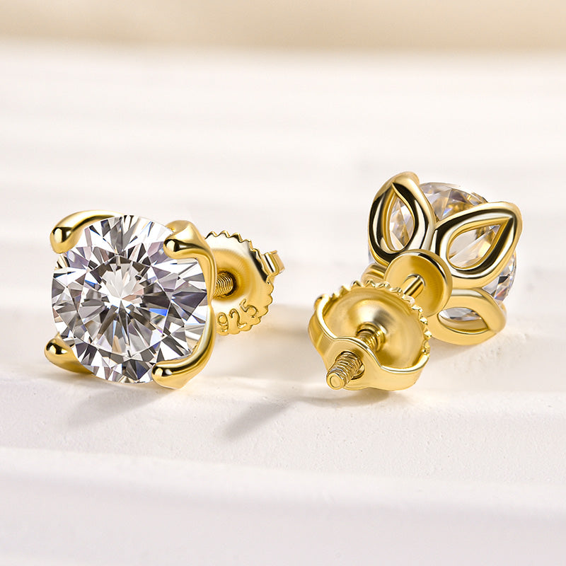 1.0Ct Stunning Yellow Gold Round Cut Stud Earrings In Sterling Silver
