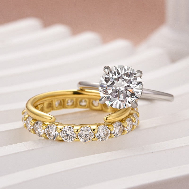 Moissanite 2.0 Ct Solitaire Round Cut Two-Tone Open Wedding Ring Set