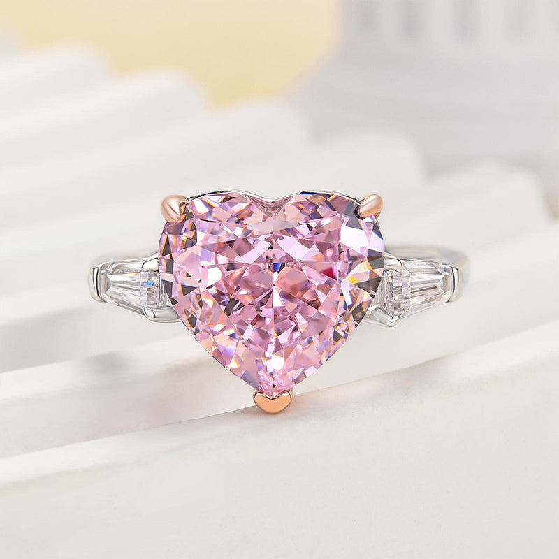 Excellent Three Stone Pink Stone Heart Cut Engagement Ring