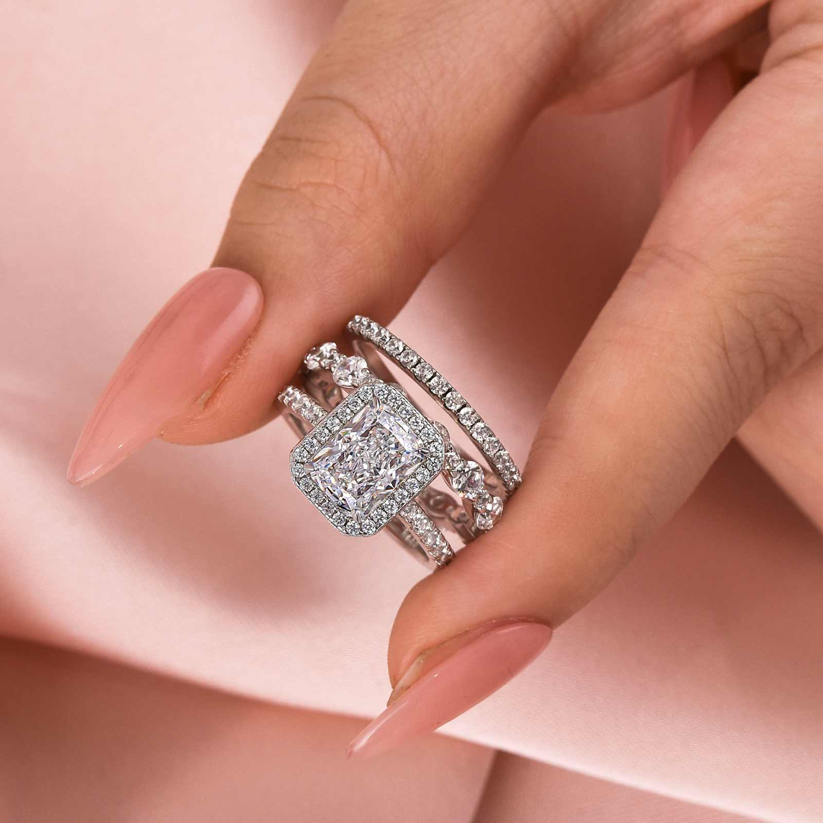 Gorgeous Halo Radiant Cut 3PC Wedding Ring Set For Women In Sterling Silver