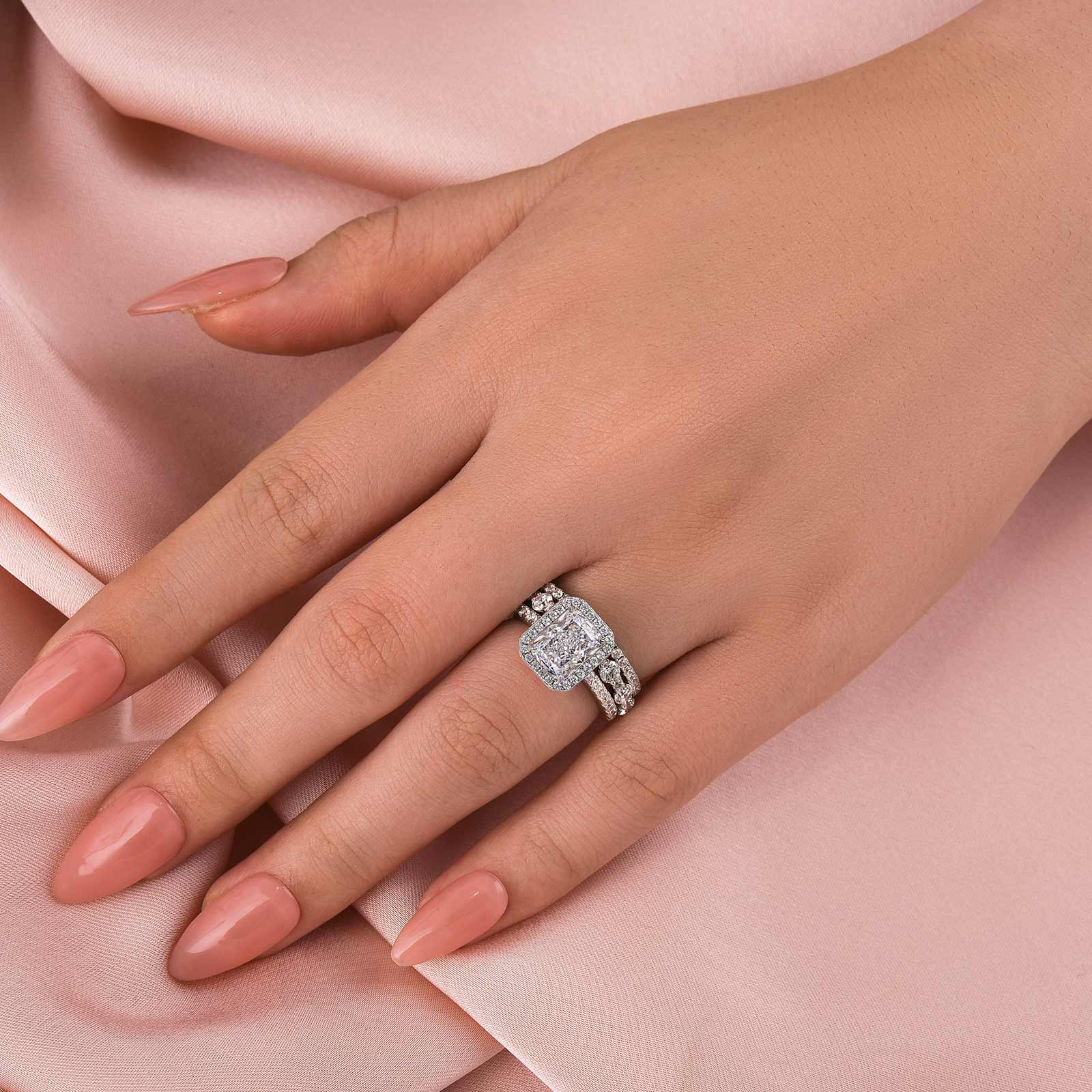 Gorgeous Halo Radiant Cut 3PC Wedding Ring Set For Women In Sterling Silver