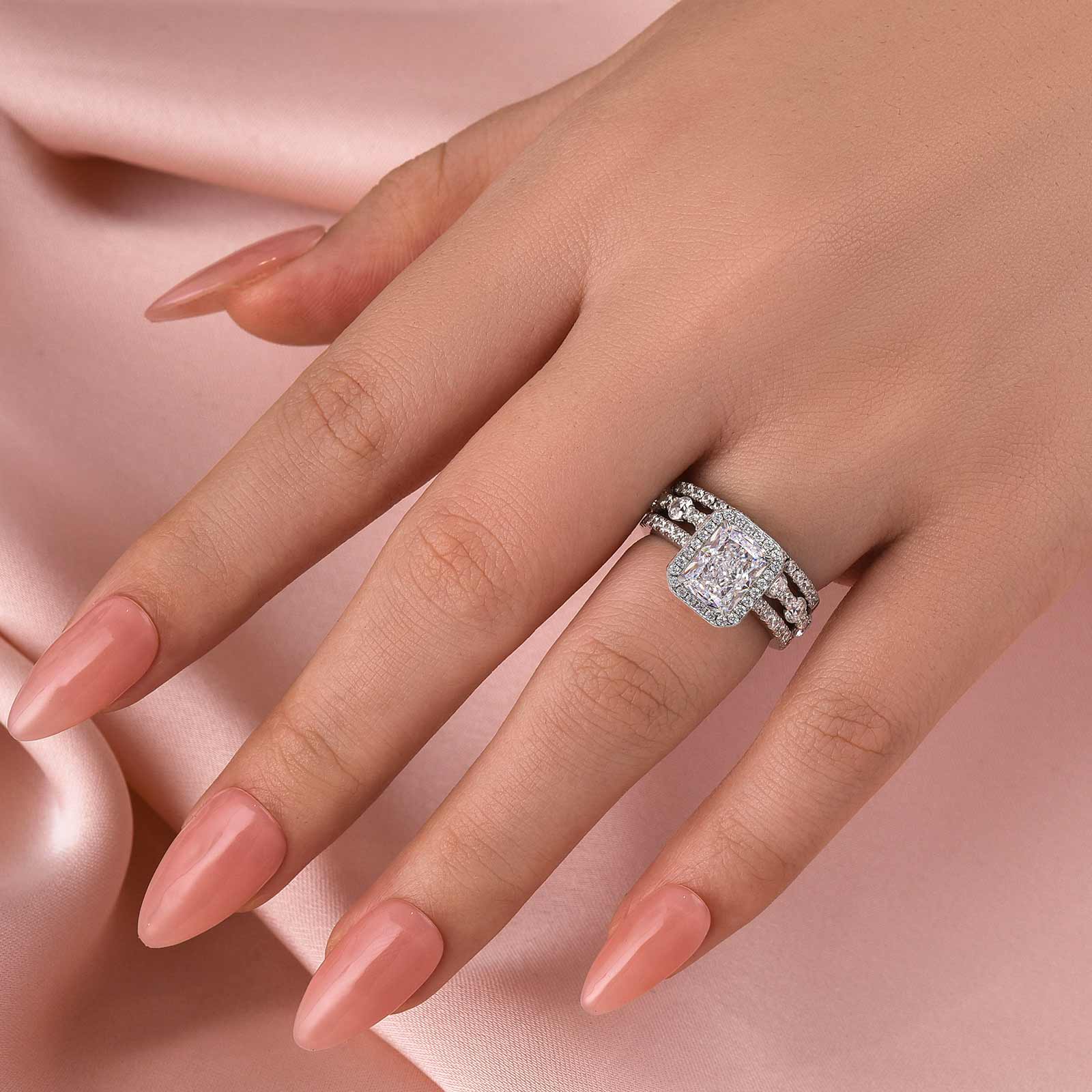 Gorgeous Halo Radiant Cut 3PC Wedding Ring Set For Women In Sterling Silver