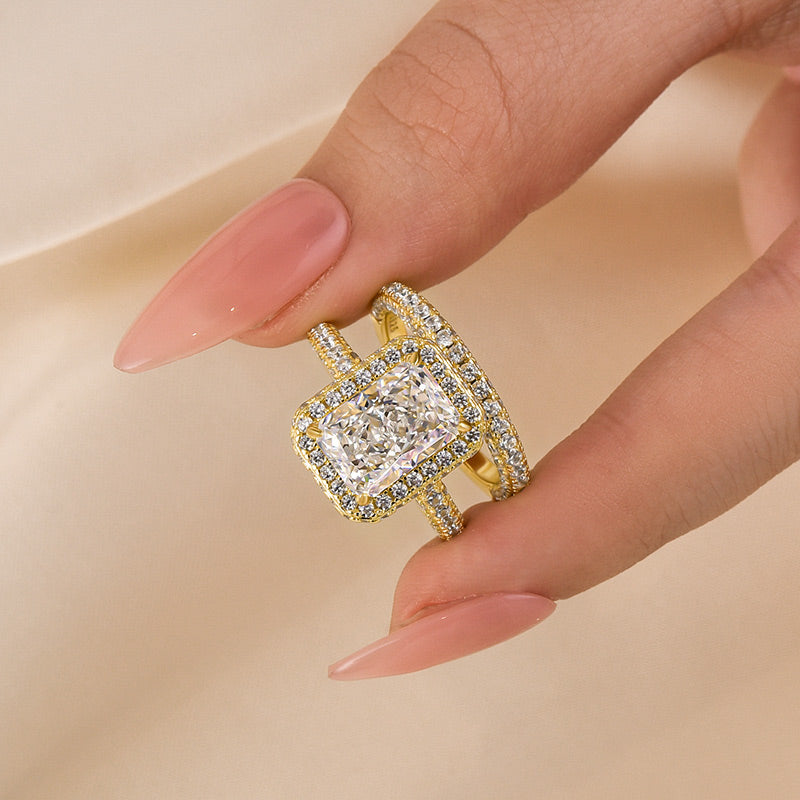 Ahabobo Luxury Halo Radiant Cut Wedding Ring Set