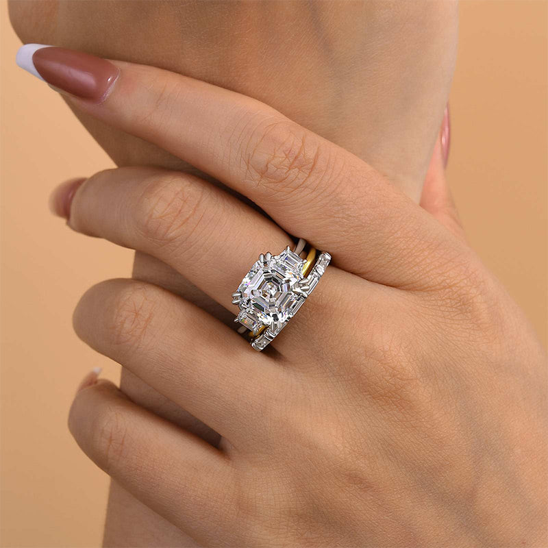 Exclusive Asscher Cut Three Stone 3PC Wedding Ring Set In Sterling Silver
