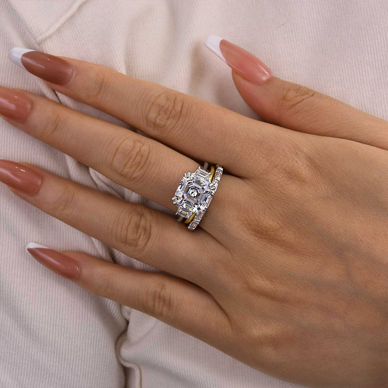 Exclusive Asscher Cut Three Stone 3PC Wedding Ring Set In Sterling Silver