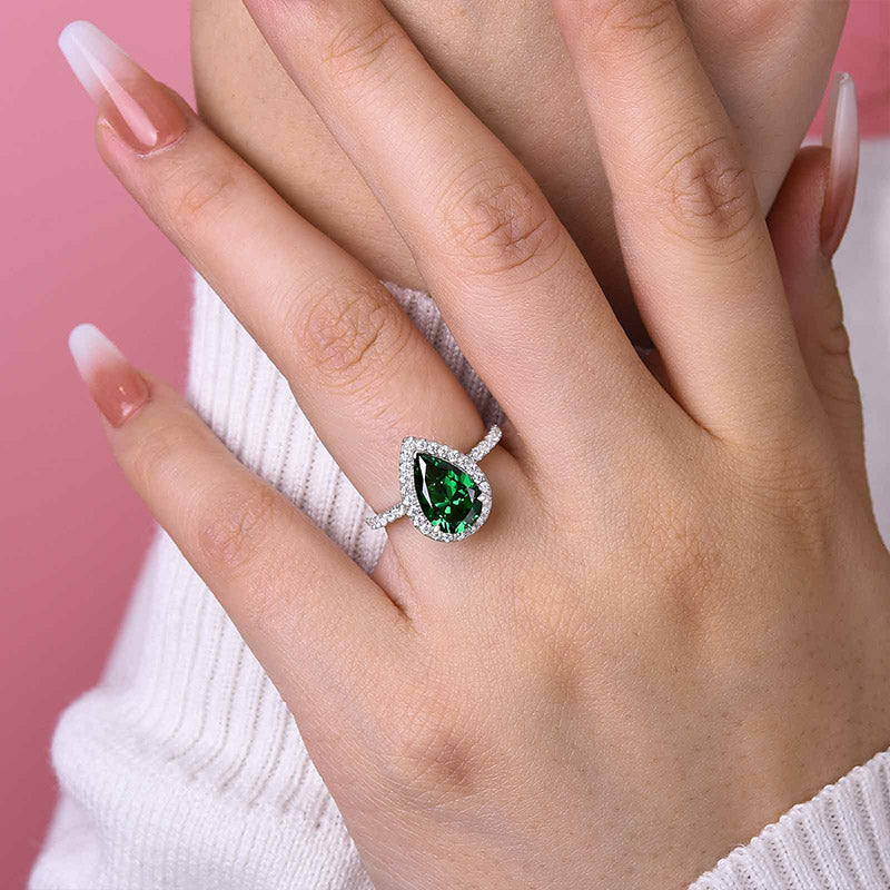 2.2 Carat Emerald Green Sapphire Halo Pear Cut Engagement Ring In Sterling Silver
