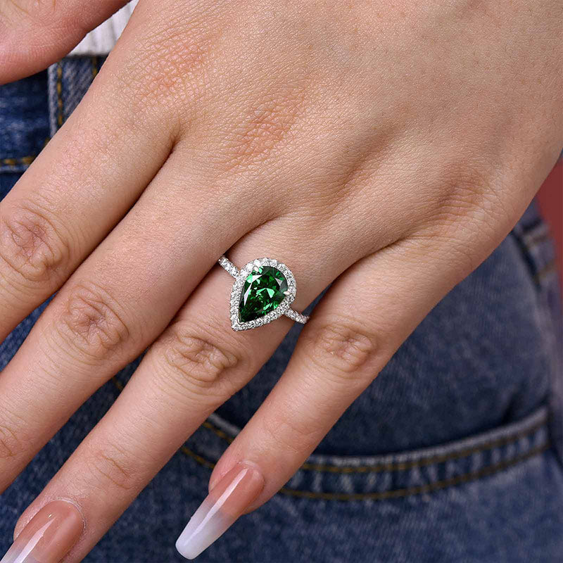 2.2 Carat Emerald Green Sapphire Halo Pear Cut Engagement Ring In Sterling Silver