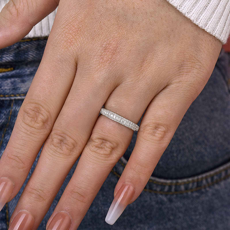 Vintage 3 Row Design Round Cut Women's Wedding Band In Sterling Silver