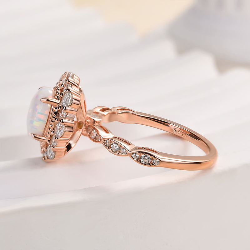 Vintage Halo Oval Cut Opal Stone Engagement Ring