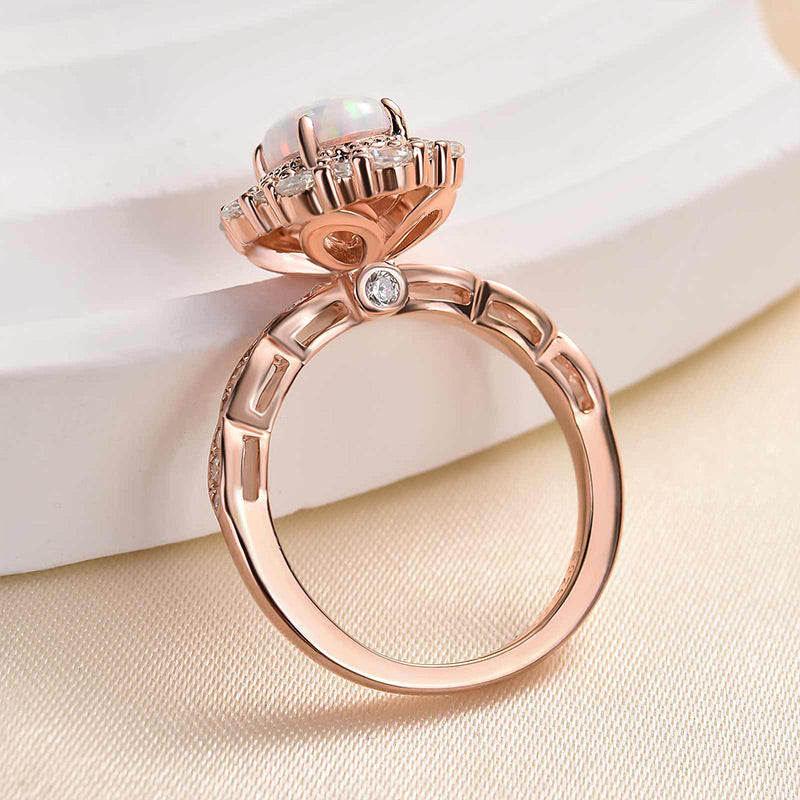 Vintage Halo Oval Cut Opal Stone Engagement Ring