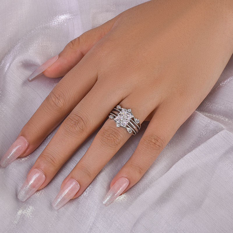 Ahabobo Noble Crown Design Square Princess Cut Insert Wedding Ring Set