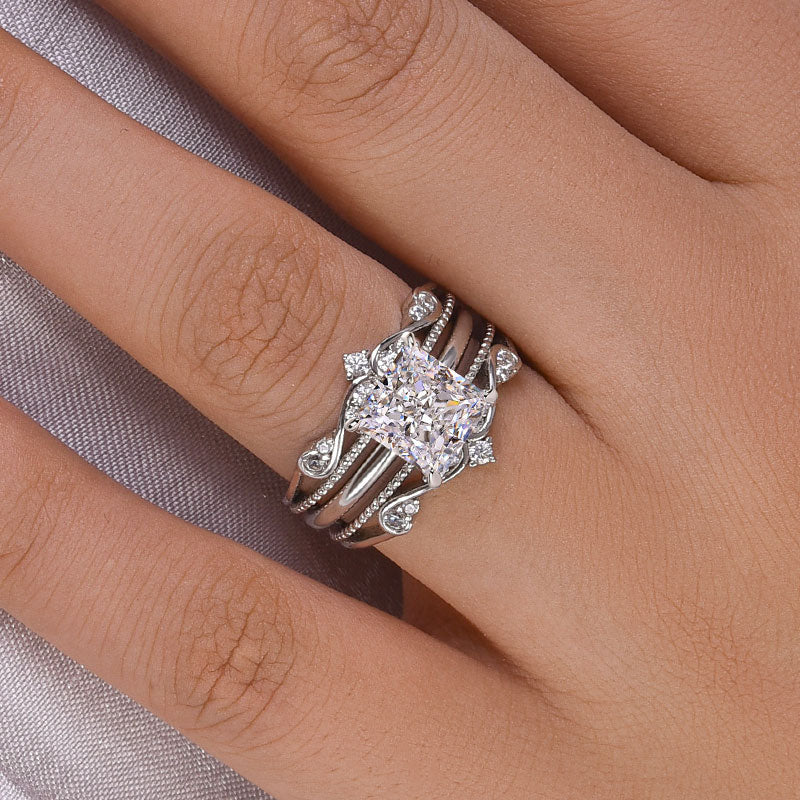 Ahabobo Noble Crown Design Square Princess Cut Insert Wedding Ring Set