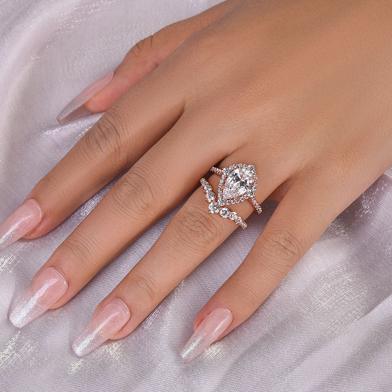 Elegant Rose Gold 2.2 Carat Halo Pear Cut Bridal Ring Set In Sterling Silver
