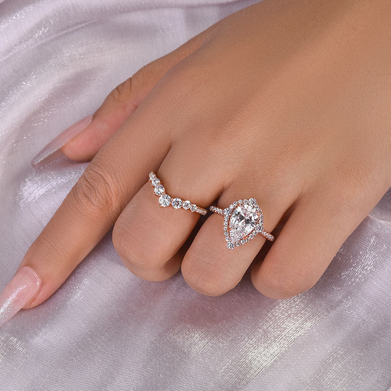 Elegant Rose Gold 2.2 Carat Halo Pear Cut Bridal Ring Set In Sterling Silver