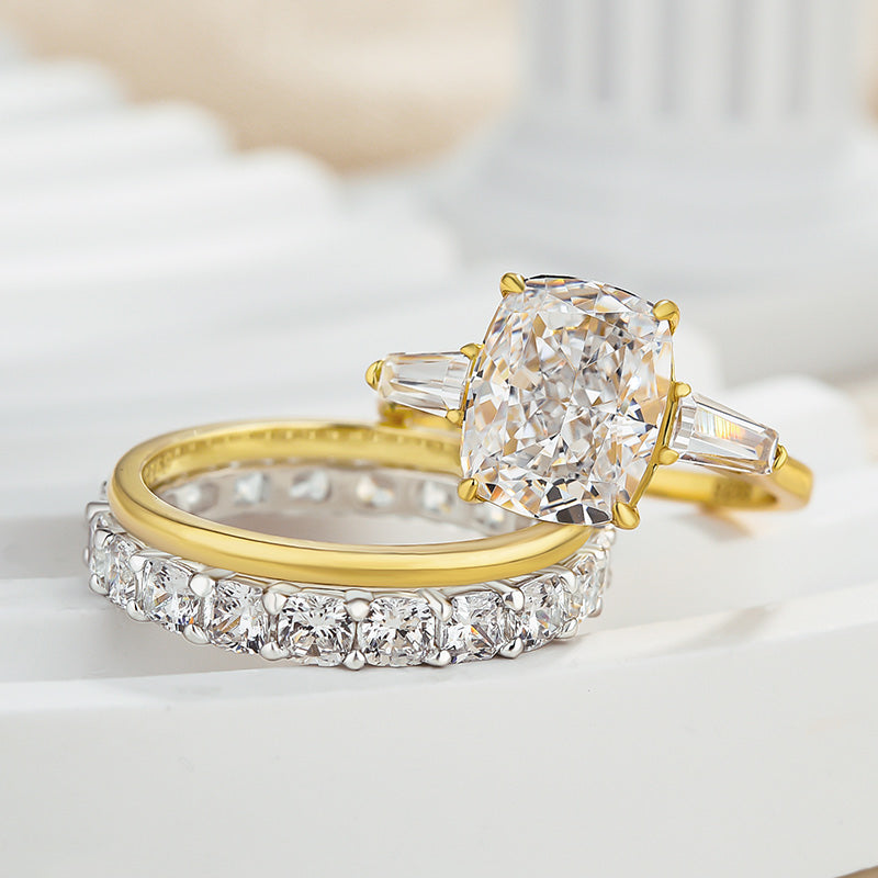 Luxury Cushion Cut Three Stone 3PC Wedding Set In Sterling Silver