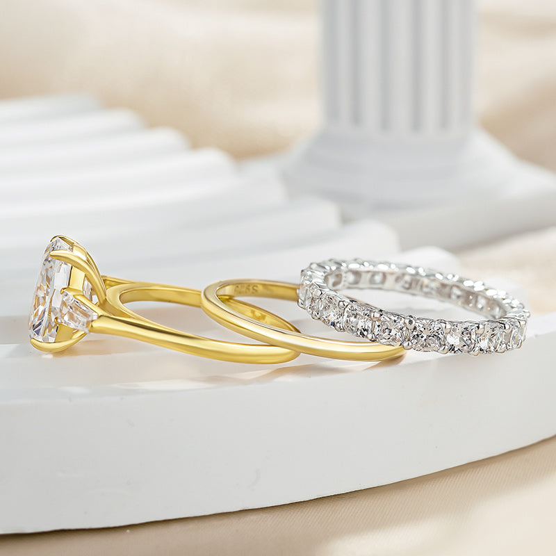 Luxury Cushion Cut Three Stone 3PC Wedding Set In Sterling Silver