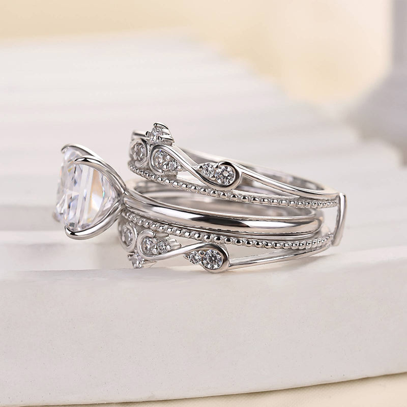 Ahabobo Noble Crown Design Square Princess Cut Insert Wedding Ring Set