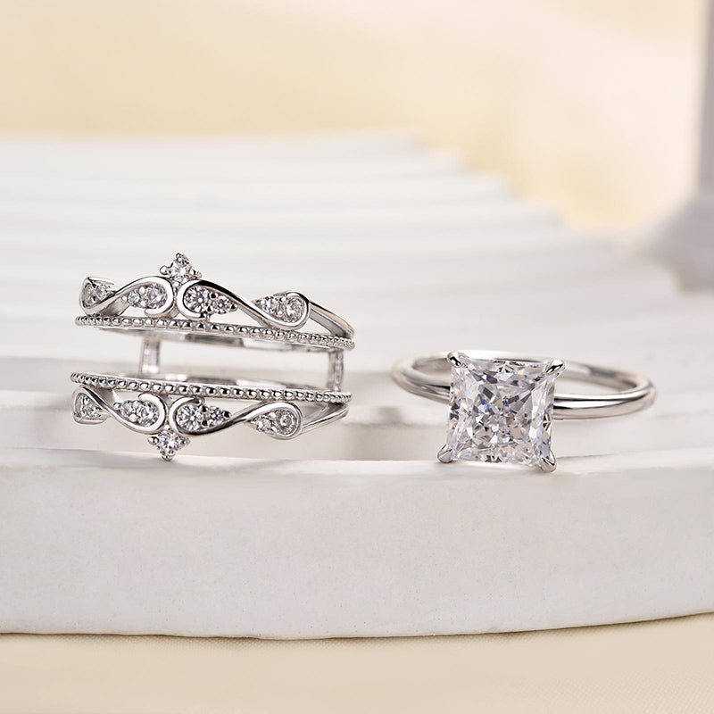 Ahabobo Noble Crown Design Square Princess Cut Insert Wedding Ring Set
