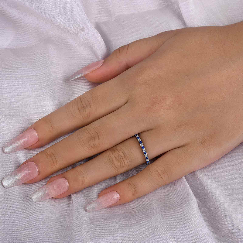 Half Eternity Blue And White Sapphire Wedding Band For Women In Sterling Silver