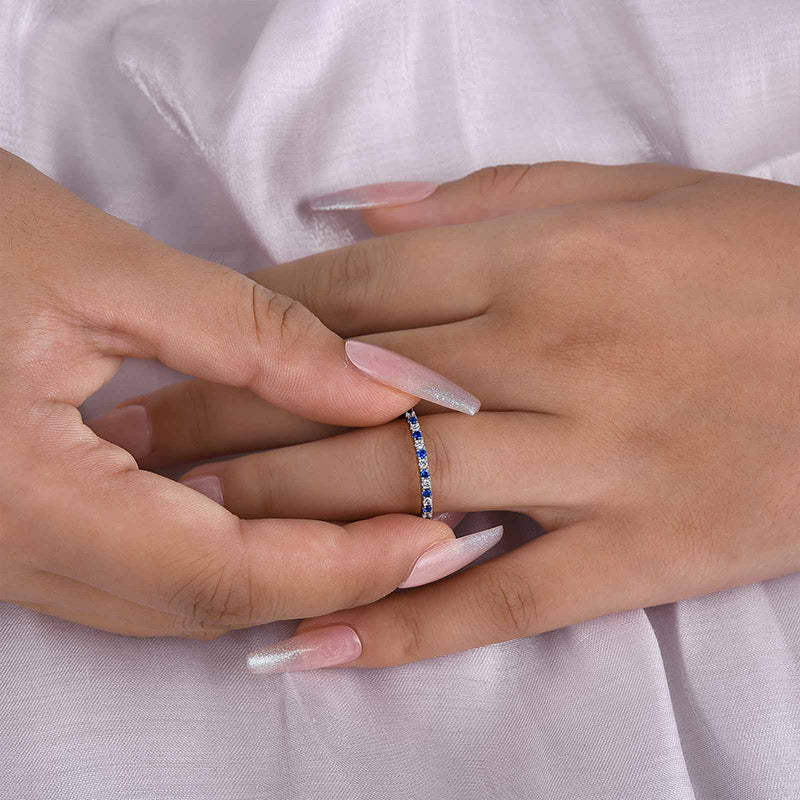Half Eternity Blue And White Sapphire Wedding Band For Women In Sterling Silver