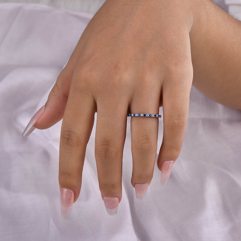 Half Eternity Blue And White Sapphire Wedding Band For Women In Sterling Silver
