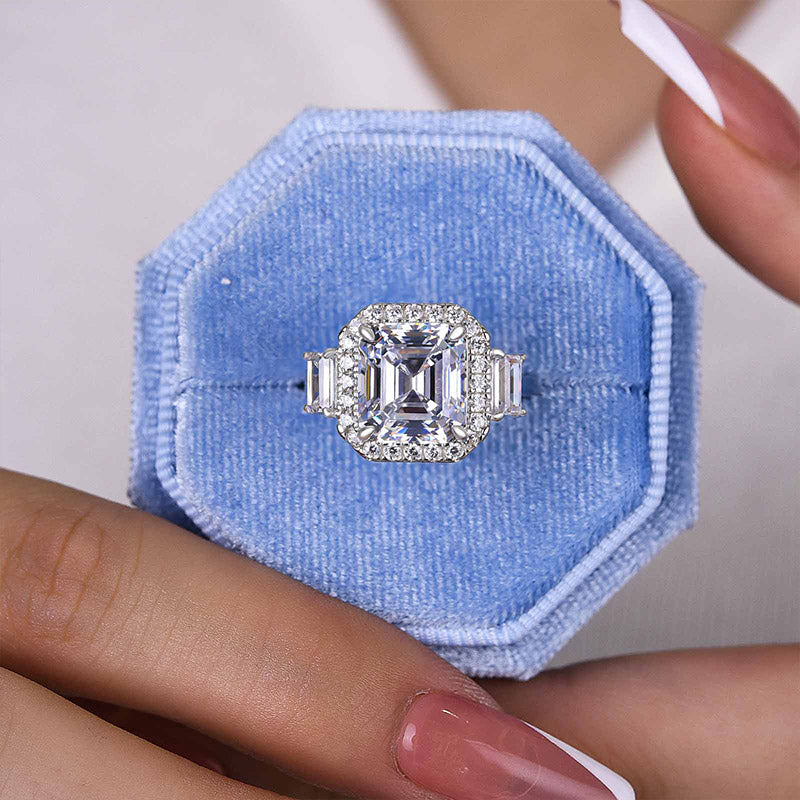 Luxury Halo Asscher Cut Three Stone Women's Engagement Ring In Sterling Silver