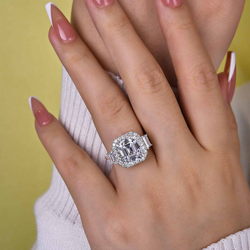 Luxury Halo Asscher Cut Three Stone Women's Engagement Ring In Sterling Silver