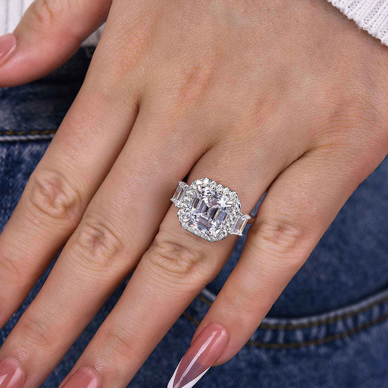 Luxury Halo Asscher Cut Three Stone Women's Engagement Ring In Sterling Silver