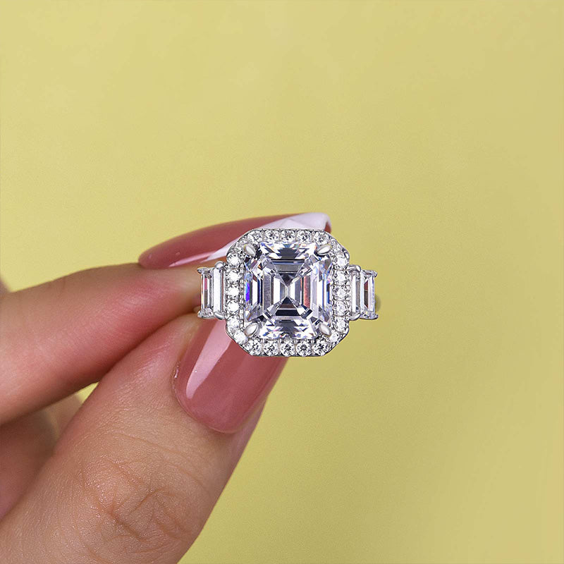 Luxury Halo Asscher Cut Three Stone Women's Engagement Ring In Sterling Silver