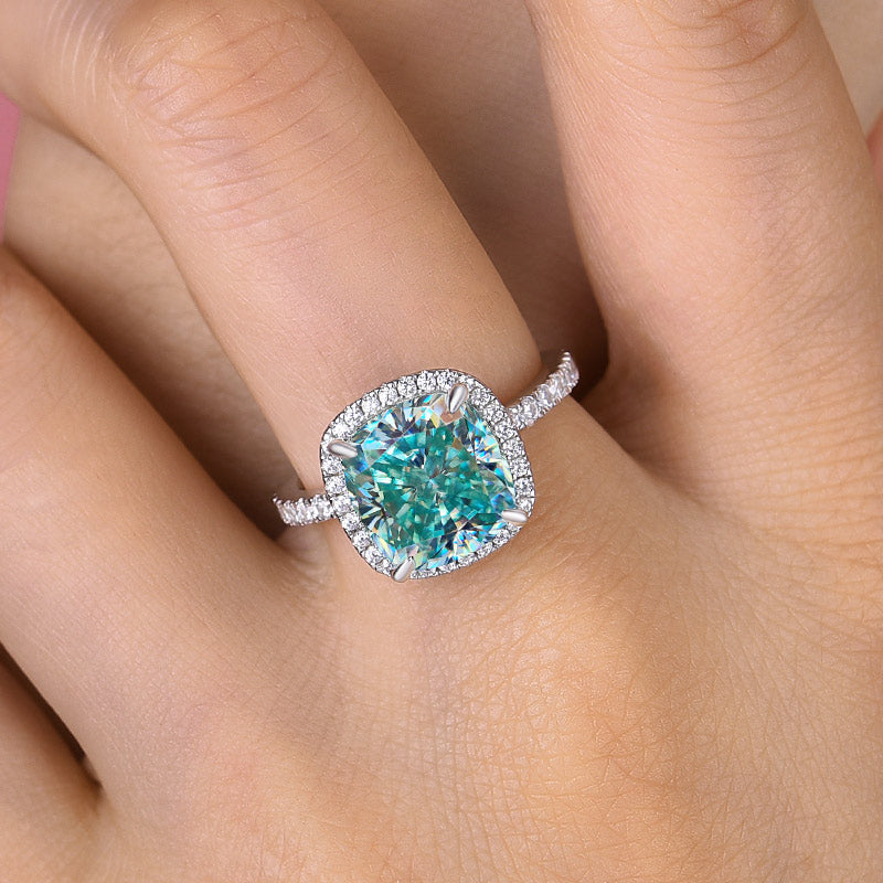 Exquisite Halo Cushion Cut Cyan Blue Engagement Ring In Sterling Silver