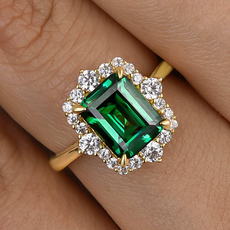 Yellow Gold Halo Emerald Cut Emerald Green Engagement Ring In Sterling Silver
